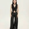 Faux Leather Wide-Leg Low-Rise Trousers