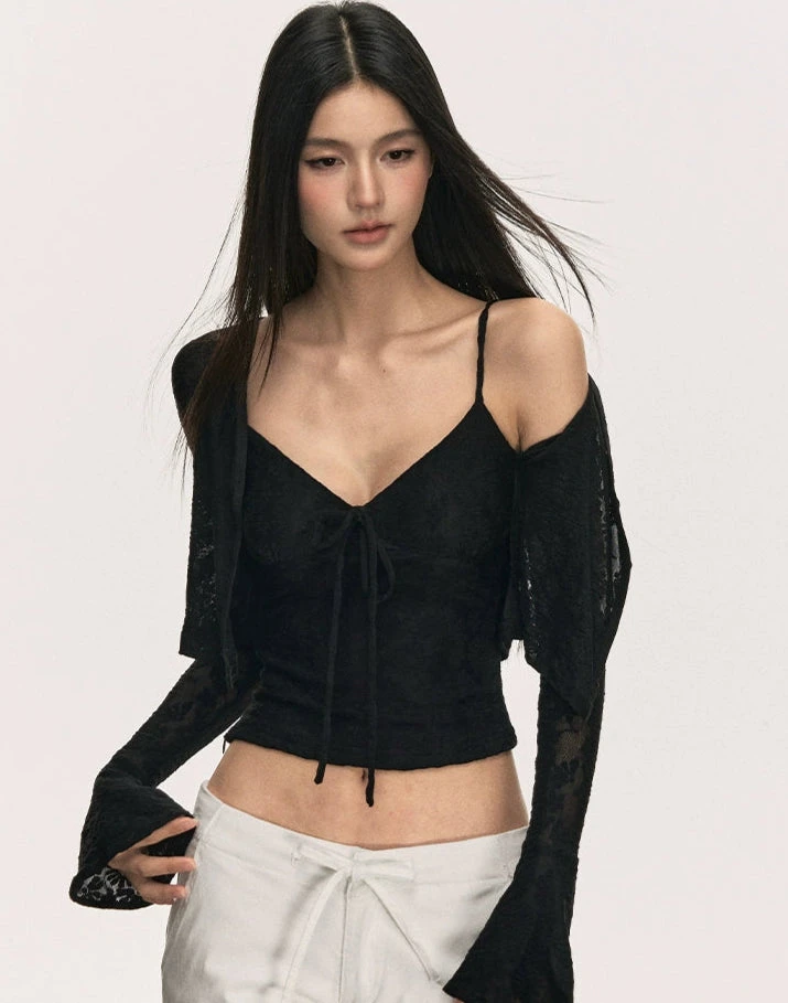 Floral Cami Top With Adjustable Strap And Flare Sleeve Crop Cardigan Two-Piece Set 12 Floral Cami Top With Adjustable Strap And Flare Sleeve Crop Cardigan Two-Piece Set - Image 12