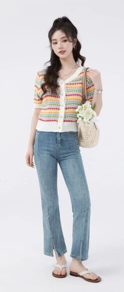 Stripe Cropped Ribbed Hem Cardigan -Modern Wear Shop 122569df32be4a100572e623f13decf6