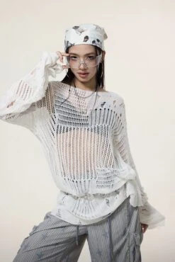 Sheer Knit Pullover With Distressed Detail -Modern Wear Shop 1306745555629e28f2af1cb4ebb673ec
