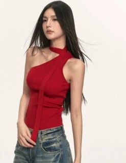 Ribbed One Shoulder Knit Top With Scarf Detail -Modern Wear Shop 1337458a47b15083489257a3c07b82e3