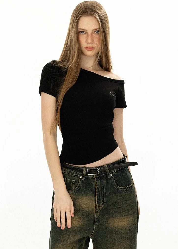 Asymmetric Neckline Slim Short Sleeve Crop Top 12 Asymmetric Neckline Slim Short Sleeve Crop Top - Image 12