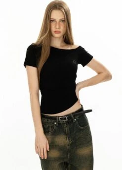 Asymmetric Neckline Slim Short Sleeve Crop Top 32 Asymmetric Neckline Slim Short Sleeve Crop Top -Modern Wear Shop 136af096a6f797ccfe69b6adc0110863
