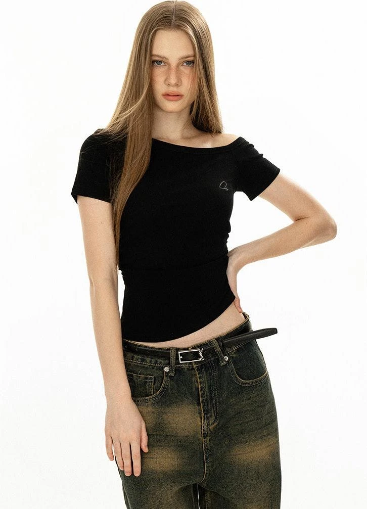 Asymmetric Neckline Slim Short Sleeve Crop Top 15 Asymmetric Neckline Slim Short Sleeve Crop Top - Image 15