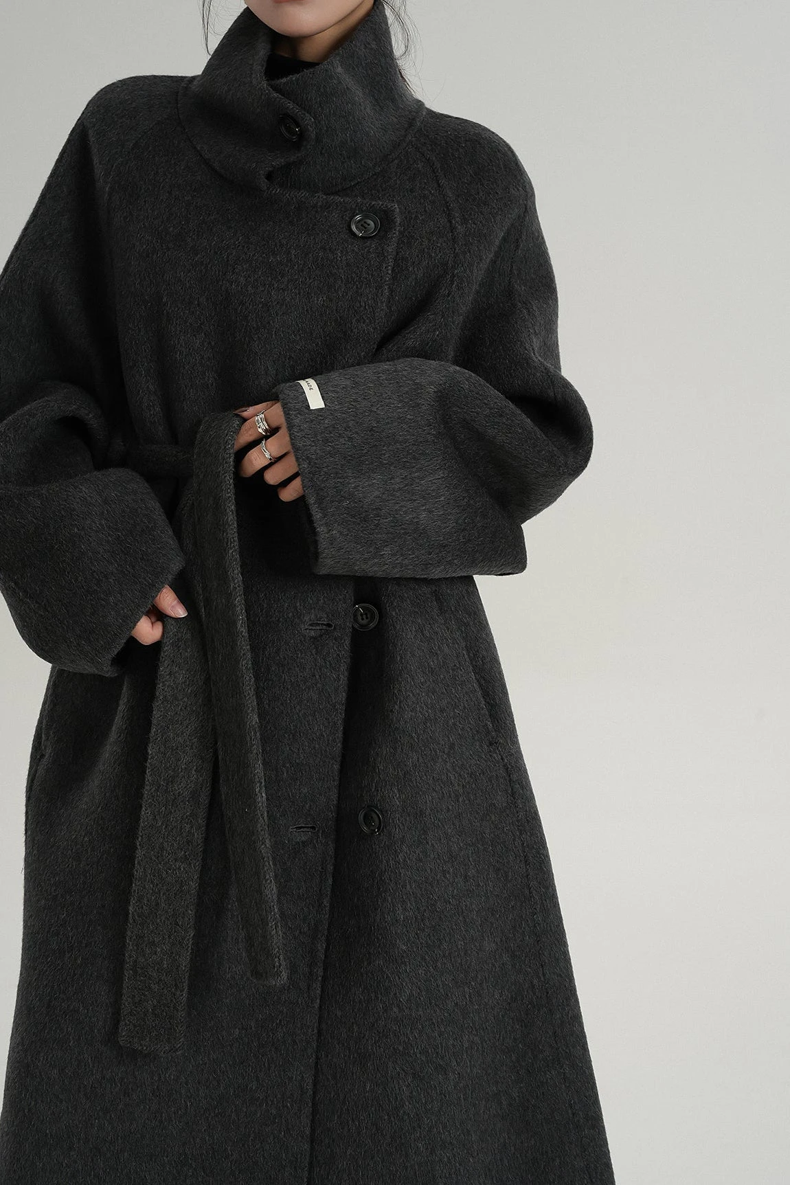 Asymmetric Button Belted Long Coat 9 Asymmetric Button Belted Long Coat - Image 9