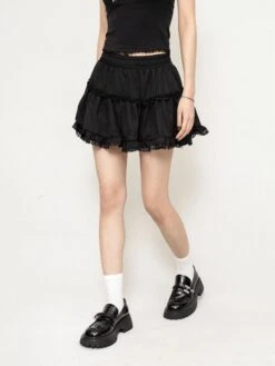Layered Ruffle Mini Skirt With Lace Trim