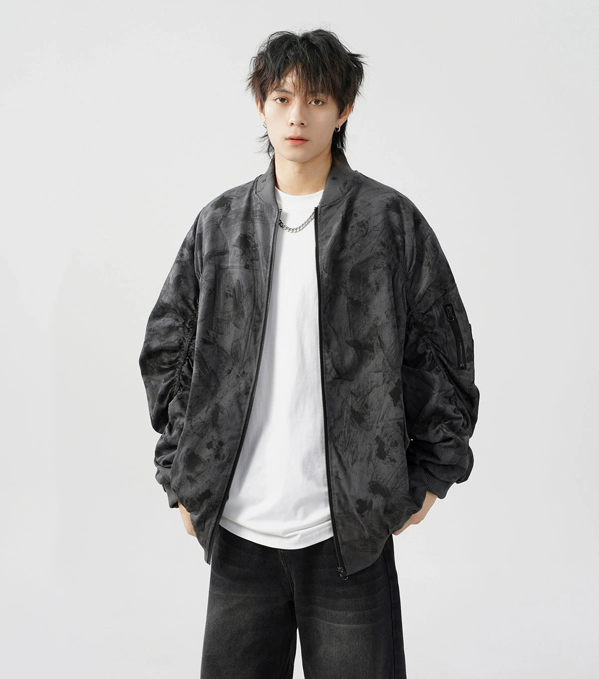 Abstract Print Bomber Jacket With Ruched Sleeve 2 Abstract Print Bomber Jacket With Ruched Sleeve - Image 2