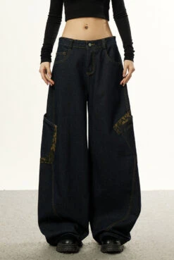 Low Waist Baggy Denim Jeans With Leopard Patchwork Details
