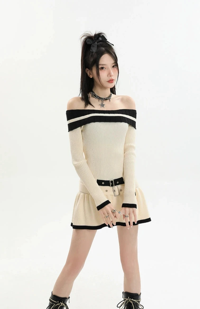 Contrast Trim Off-Shoulder Knit Midi Dress With Double Belt Detail 2 Contrast Trim Off-Shoulder Knit Midi Dress With Double Belt Detail - Image 2