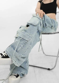 Patchwork Denim Cargo Pants With Strap Details -Modern Wear Shop 150a9284ad0b0f7d3a0eb7c563346507