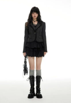 Ruffle Trim Tailored Blazer With Stud Accents -Modern Wear Shop 15346cc39ba6225d22a552b744a85c0b