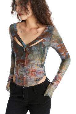 Abstract Print Long Sleeve V-Neck Bodysuit Top -Modern Wear Shop 154911b116b82d7f4204f516ae8988d4