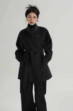 High Collar Asymmetric Button Coat With Belt