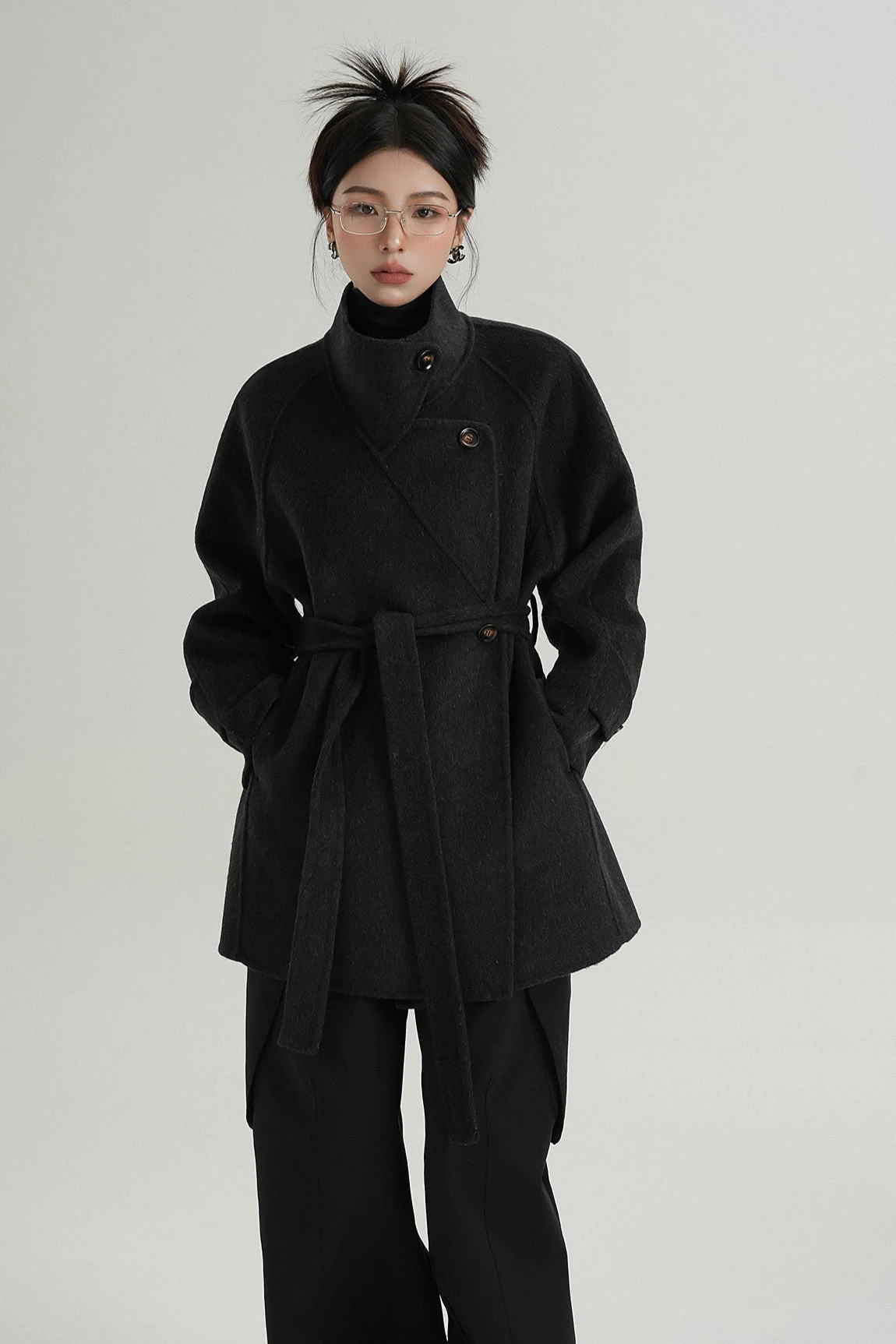 High Collar Asymmetric Button Coat With Belt 1 High Collar Asymmetric Button Coat With Belt