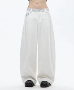 Wide Leg Pants With Contrast Stripe Waistband And Back Pocket Detail
