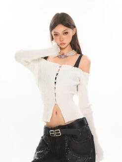 Off-Shoulder Ribbed Crop Top With Pearl Button Detail -Modern Wear Shop 167a291faa87527fb1dc11d4afaeccd0