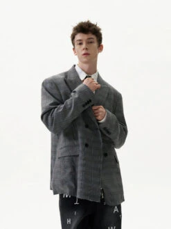 Oversized Distressed Hem Plaid Double-Breasted Blazer -Modern Wear Shop 16de0c19d79863623ab64c62ce8f3eaa