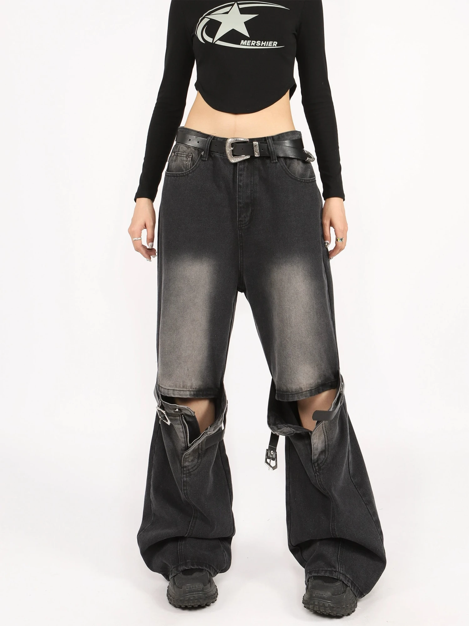 Button Belted Knee-Cutout Straight Faded Jeans 11 Button Belted Knee-Cutout Straight Faded Jeans - Image 11