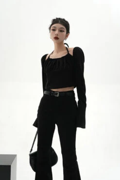 Sheer Long Sleeve Ruched Halter Blouse With Flared Cuffs -Modern Wear Shop 1731541b3fa9d90fceed03bc5ff22689