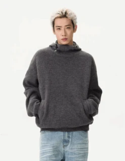 Ribbed High Collar Hoodie Knit Sweater -Modern Wear Shop 1732547857242