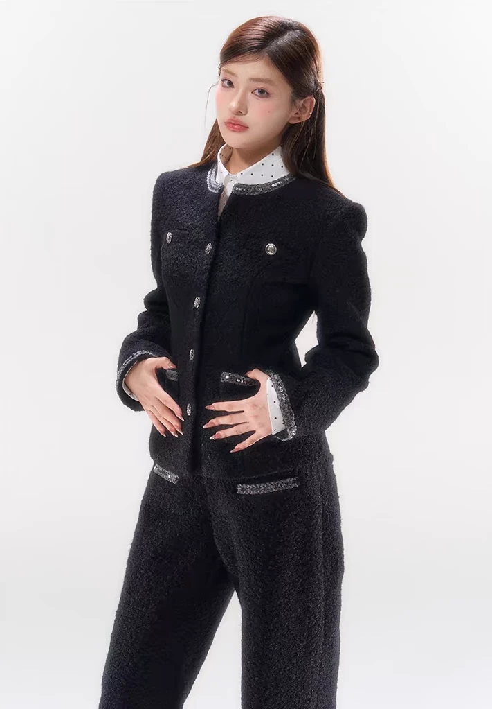 Double-Breasted Slim-Fit Tweed Jacket With Pocket Detail 4 Double-Breasted Slim-Fit Tweed Jacket With Pocket Detail - Image 4