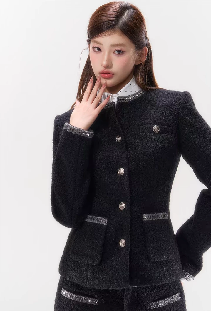 Double-Breasted Slim-Fit Tweed Jacket With Pocket Detail 2 Double-Breasted Slim-Fit Tweed Jacket With Pocket Detail - Image 2