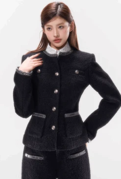 Double-Breasted Slim-Fit Tweed Jacket With Pocket Detail