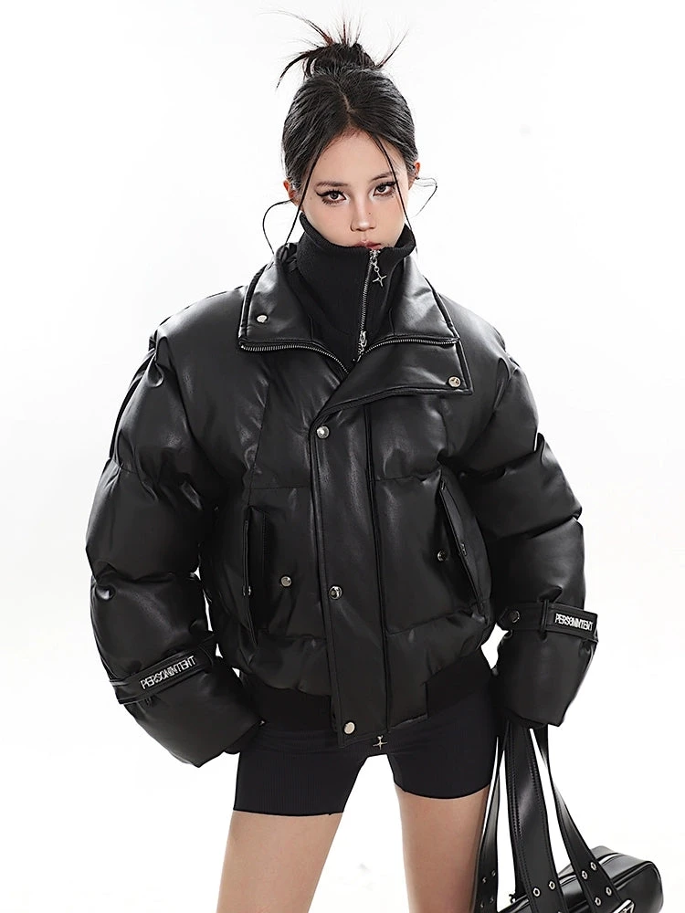 Faux Leather Puffer Jacket With Zipped Knit Turtleneck 13 Faux Leather Puffer Jacket With Zipped Knit Turtleneck - Image 13