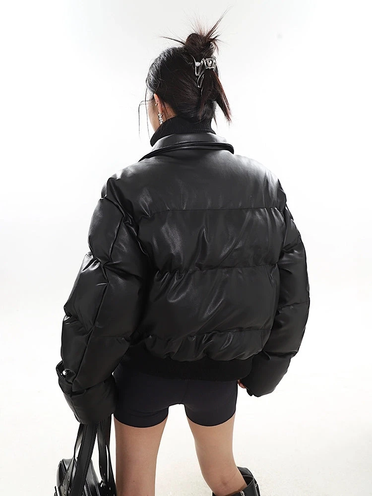 Faux Leather Puffer Jacket With Zipped Knit Turtleneck 17 Faux Leather Puffer Jacket With Zipped Knit Turtleneck - Image 17
