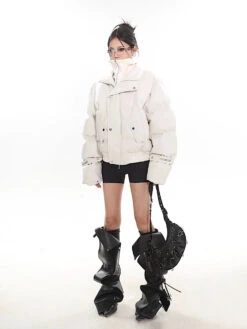 Faux Leather Puffer Jacket With Zipped Knit Turtleneck 30 Faux Leather Puffer Jacket With Zipped Knit Turtleneck -Modern Wear Shop 1733920552825