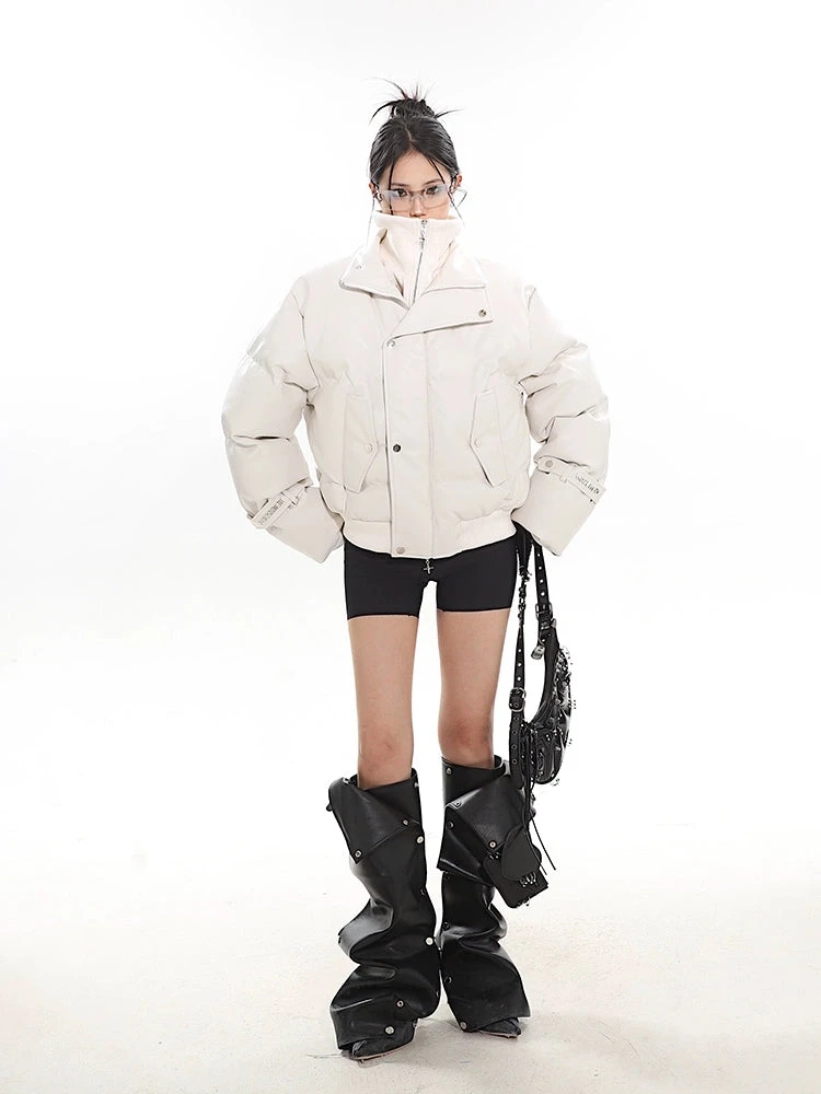 Faux Leather Puffer Jacket With Zipped Knit Turtleneck 10 Faux Leather Puffer Jacket With Zipped Knit Turtleneck - Image 10