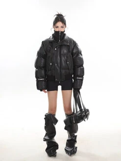 Faux Leather Puffer Jacket With Zipped Knit Turtleneck 39 Faux Leather Puffer Jacket With Zipped Knit Turtleneck -Modern Wear Shop 1733920553009