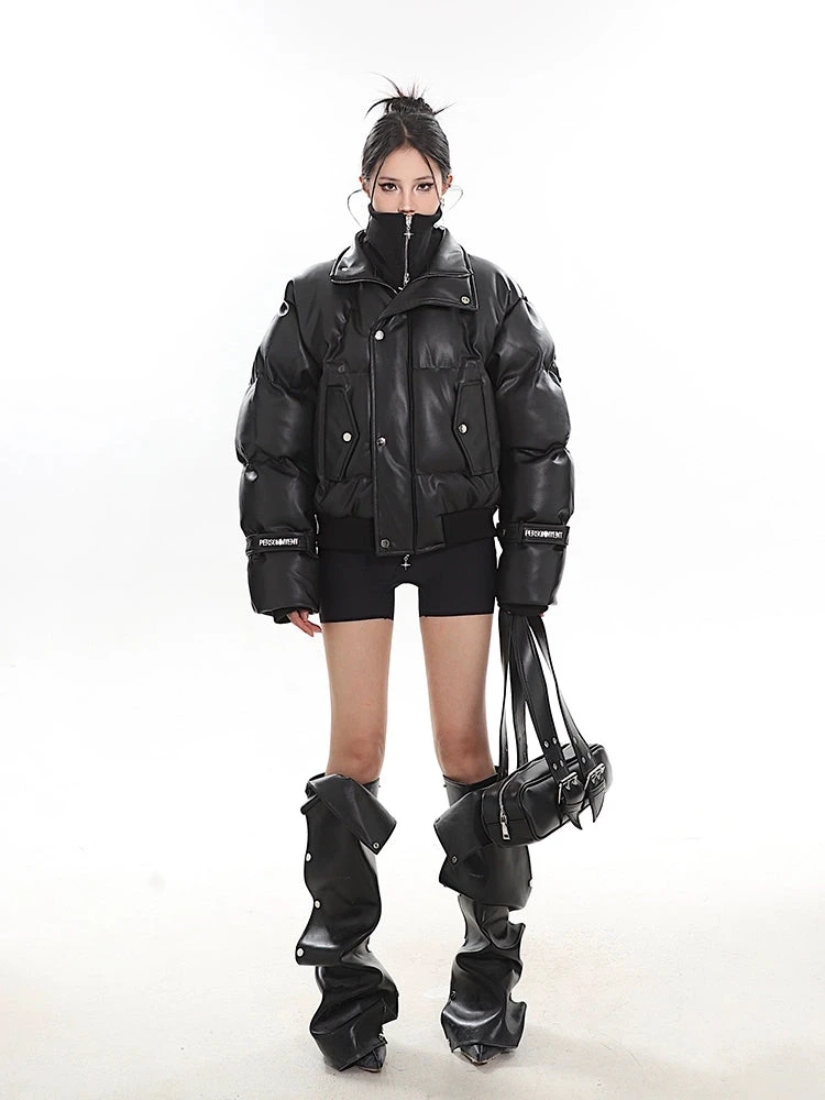 Faux Leather Puffer Jacket With Zipped Knit Turtleneck 20 Faux Leather Puffer Jacket With Zipped Knit Turtleneck - Image 20