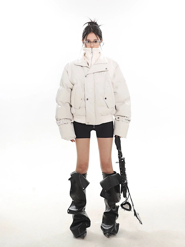 Faux Leather Puffer Jacket With Zipped Knit Turtleneck 9 Faux Leather Puffer Jacket With Zipped Knit Turtleneck - Image 9