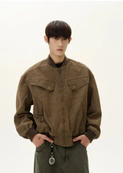 Ribbed Trim Bomber Jacket With Zip Pockets -Modern Wear Shop 174842be32f5581eebe76c5b1d72ed76