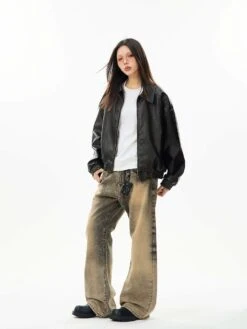 Faux Leather Bomber Jacket With Elastic Cuffs And Hem -Modern Wear Shop 17ad8027975ac18f1a0ff72853f0f684