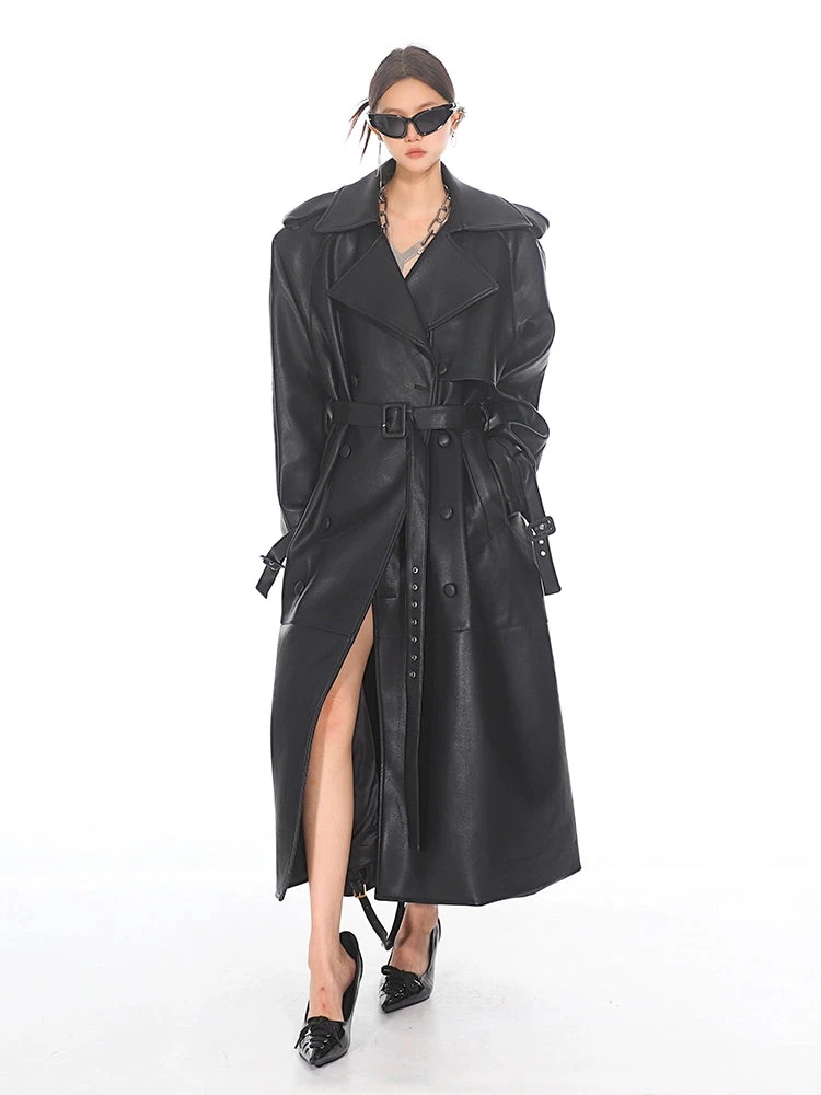 Oversized Belted Faux Leather Coat With Wide Lapels 3 Oversized Belted Faux Leather Coat With Wide Lapels - Image 3