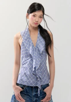 Sleeveless Checker Ruffle Front Tie Halter Top -Modern Wear Shop 17eb93fd7d9382e606456cd909f5f59b