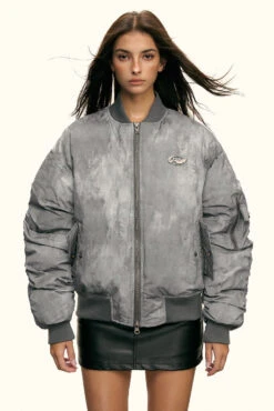 Oversized Faded Bomber Jacket With Ruched Sleeves And Utility Pockets -Modern Wear Shop 1819df7e7ecaa11ad02e05c8d616fadf