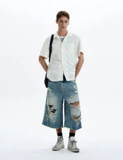 Textured Open-Knit Short Sleeve Button-Up Shirt With Patch Pockets -Modern Wear Shop 1835a544076bfeb4d12a08437e775474