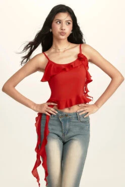 Spaghetti Strap Ruffle Trim Top With Floral Accent