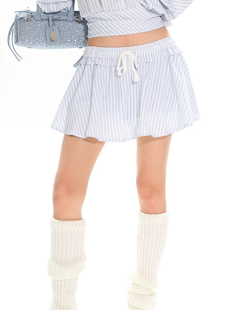 Striped Button-Up Long Sleeve Shirt And Elastic Waist Mini Skirt Two-Piece Set 4 Striped Button-Up Long Sleeve Shirt And Elastic Waist Mini Skirt Two-Piece Set - Image 4