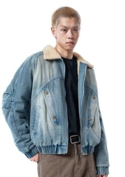 Shearling Lined Faded Denim Jacket With Stud Details -Modern Wear Shop 18dfcc3382d6b6166e62517fa0e85938