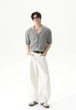 Cable Knit Button-Up Short Sleeve Shirt With Open Collar -Modern Wear Shop 191dc00817b55f65e465b2f00e597b06