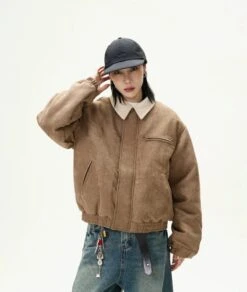Suede Bomber Jacket With Contrast Corduroy Collar -Modern Wear Shop 19230419f4d7c79db119579b6108542f
