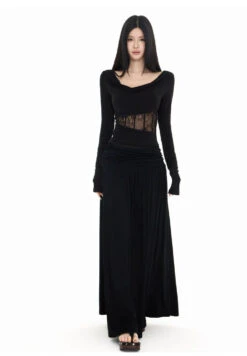 Off Shoulder Lace Panel Top And Ruched Waist Maxi Skirt Two-Piece Set -Modern Wear Shop 19a7a6dc5a983a93caa2e71e8eba4c57