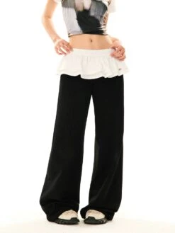 Ruffled Mock Skirt-Over-Pants Velvet Straight Pants