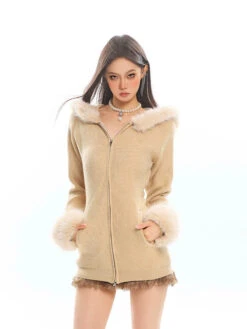 Faux Fur Trim Hooded Zip-Up Knit Jacket -Modern Wear Shop 19d0a2f3cbc25d28bca059031b852bbc