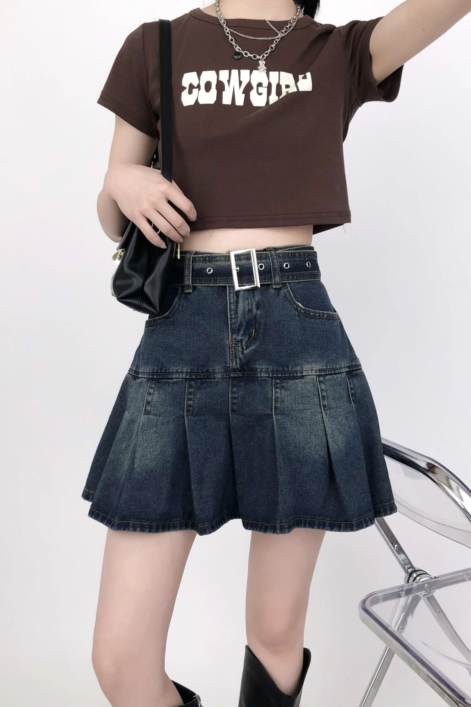 Tier Pleated Mini Denim Skirt With Belt 4 Tier Pleated Mini Denim Skirt With Belt - Image 4