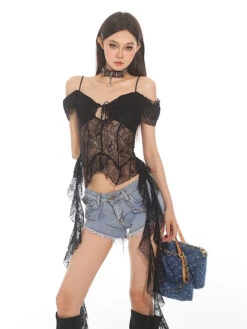 Off-Shoulder Lace Sheer Crop Top With Tassel Details